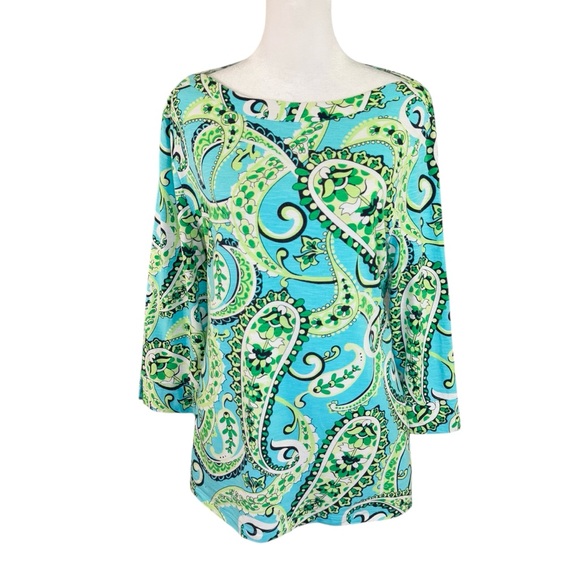 T by Talbots L Tunic Top Turquoise Green Paisley Floral 3/4 Sleeve Boat Neck - Picture 1 of 11
